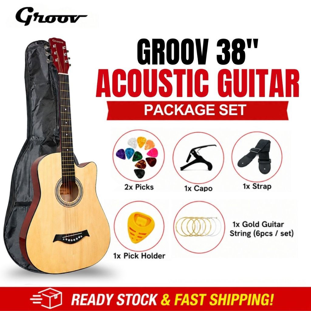 GROOV - 38 Inch Acoustic Guitar + Accessories Set | Bag Pick Holder Capo Strap | Gitar Akustik 吉他 配件