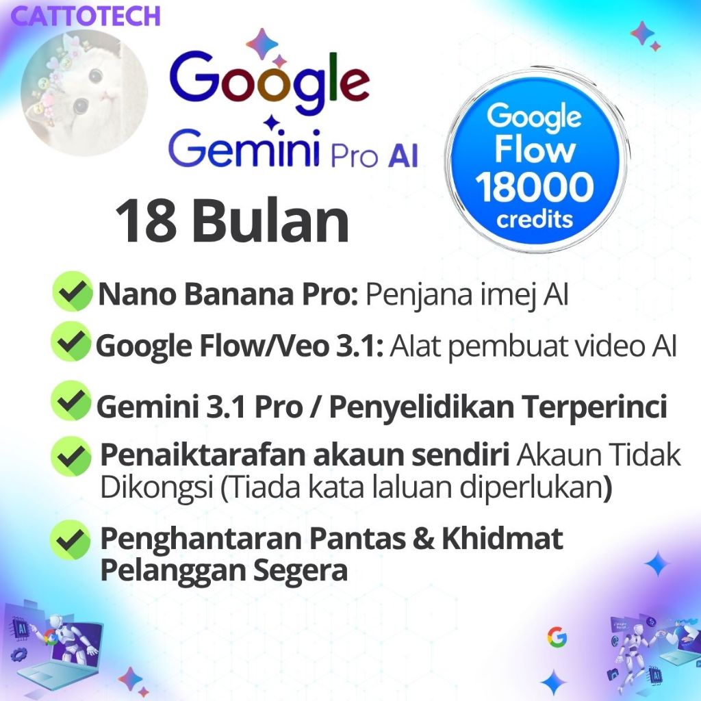 Google AI Pro 18 Bulan Gemini Pro 3.1, Upgrade Email Sendiri, Google Flow AI, 18000 Credits, AI Video & Image Generator