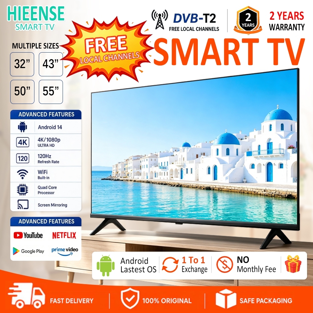 [Free Shipping]55" 50" Android Smart TV Murah Hieense 32/43 inch Televisyen DVB-T2 MYTV YouTube Netflix LED 4K HD Tv
