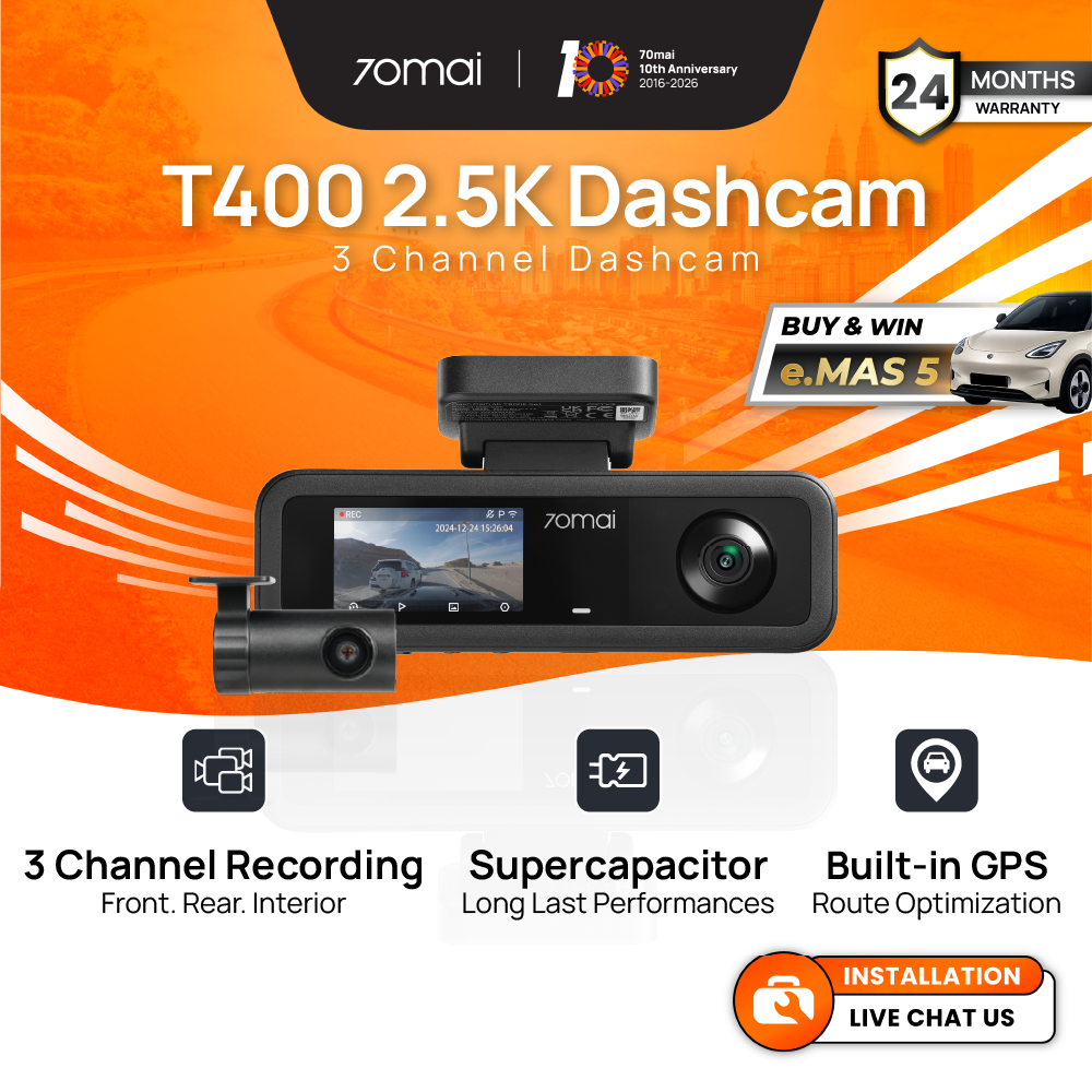 [2026 NEW] 70mai T400 3-Channel Dashcam 2.5K | Built-in GPS | Infrared Night Vision | Supercapacitor | E-hailing Grab