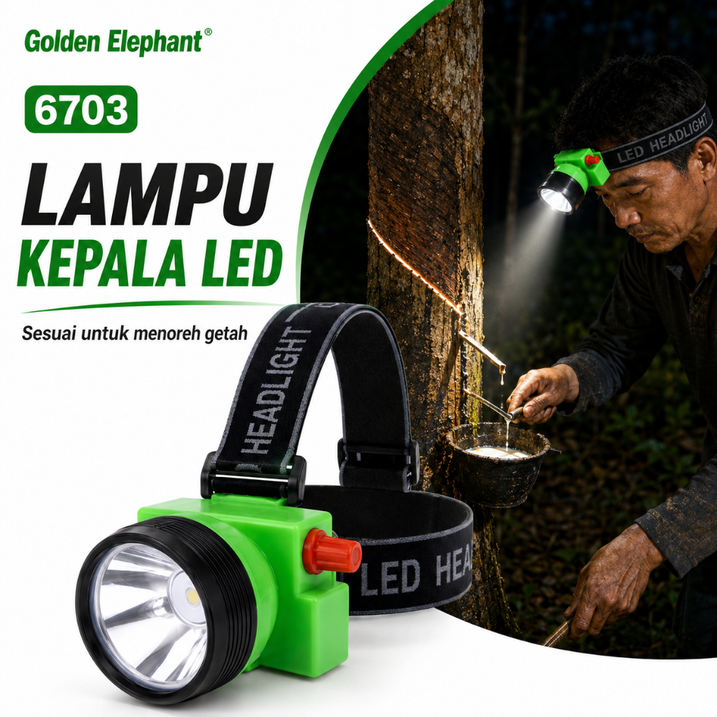 Golden Elephant Headlamp LED 500W Boleh Cas Semula, Kalis Air, Suis Putar Mudah Guna, Super Terang, Menoreh & Memancing