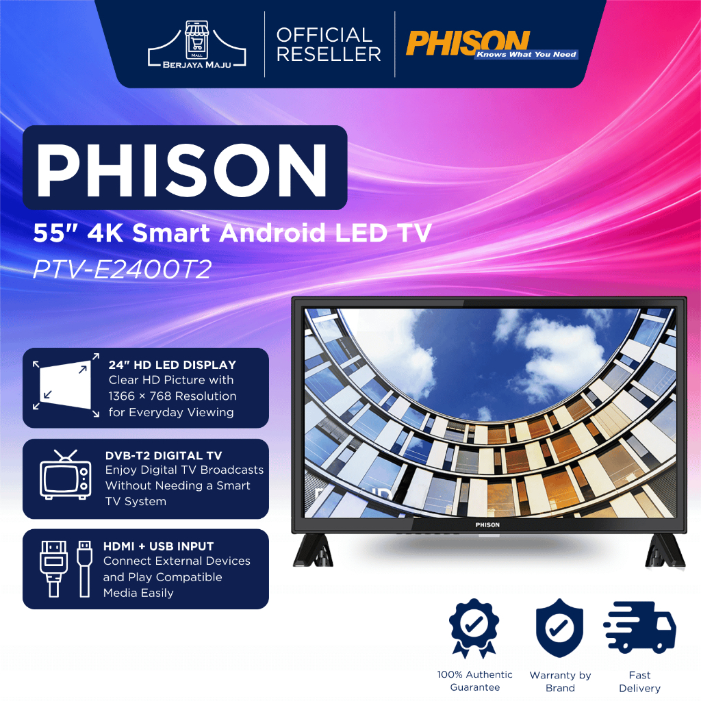 Phison 24" DVB-T2 HD Ready LED TV PTV-E2400T2 E2400T2 | Smart LED TV Televisyen Pintar 智能电视 Original