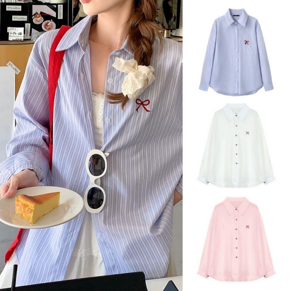 CherryshopReady StockKorean Style Women Ladies Loose Long Sleeve Shirt Blouse Baju Wanita Lengan Panjang Embroidery