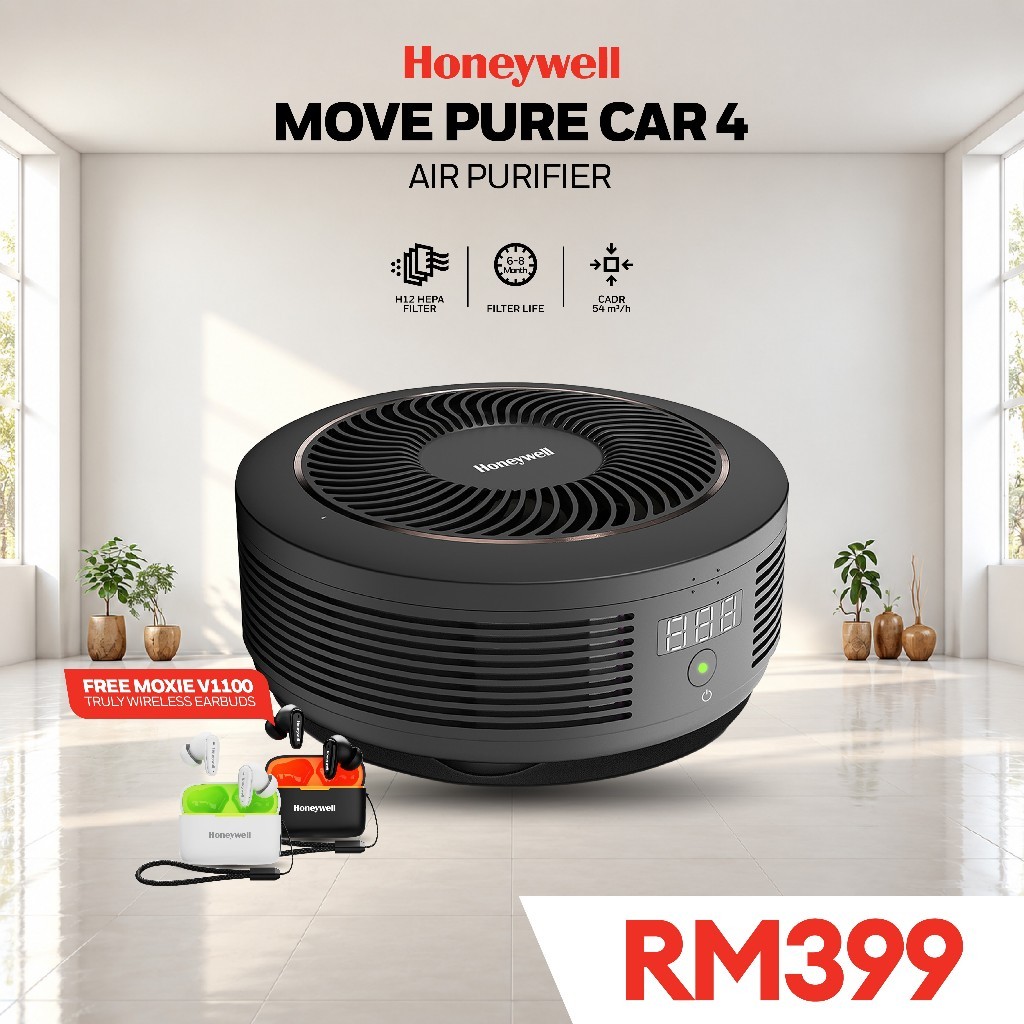 Honeywell Move Pure 4 Car Air Purifier, 3-in-1 Filtration, HEPA Filter, Removes 99.99%, 2XUSB Ports