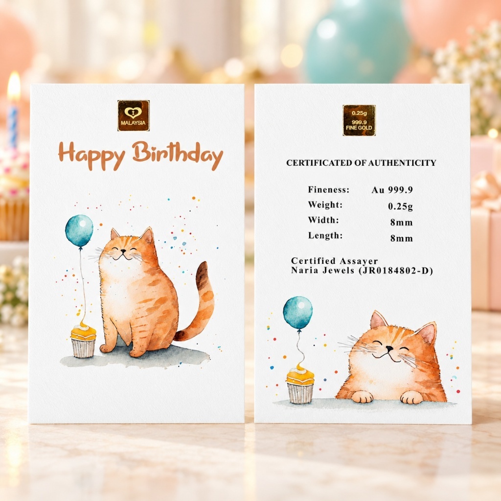 Naria 999.9/24K Gold Bar 0.25gm Happy Birthday Cute Cat Design Emas Tulen Gold Investment Pelaburan Emas Hadiah Hari Jad