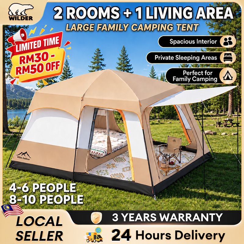 2 Room Family Camping Tent Khemah Besar Double Layer Waterproof 2 Bedrooms 1 Living Area Outdoor Tent 8-12 Person