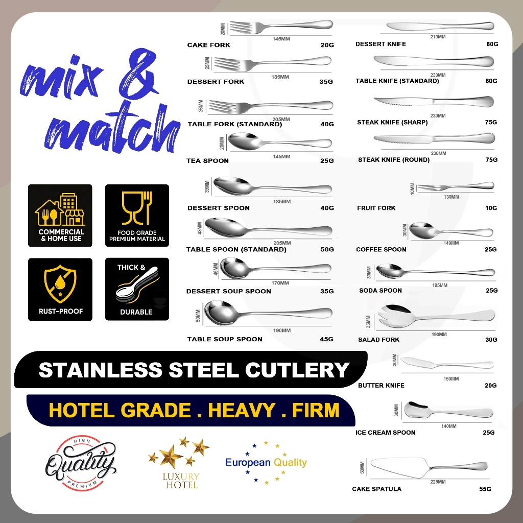 HOTEL Stainless Steel Cutlery Dinner Spoon Fork Steak Knife Dessert Table Sudu Garfu Garpu Besi