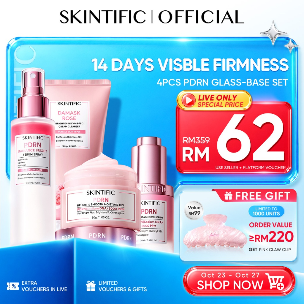 [LIVE EXTRA 25%]SKINTIFIC 4PCS Sunblock PDRN Skincare Glowing Set SPF50+ PA++++丨Cleanser,Serum,Moisturizer,Sunscreen