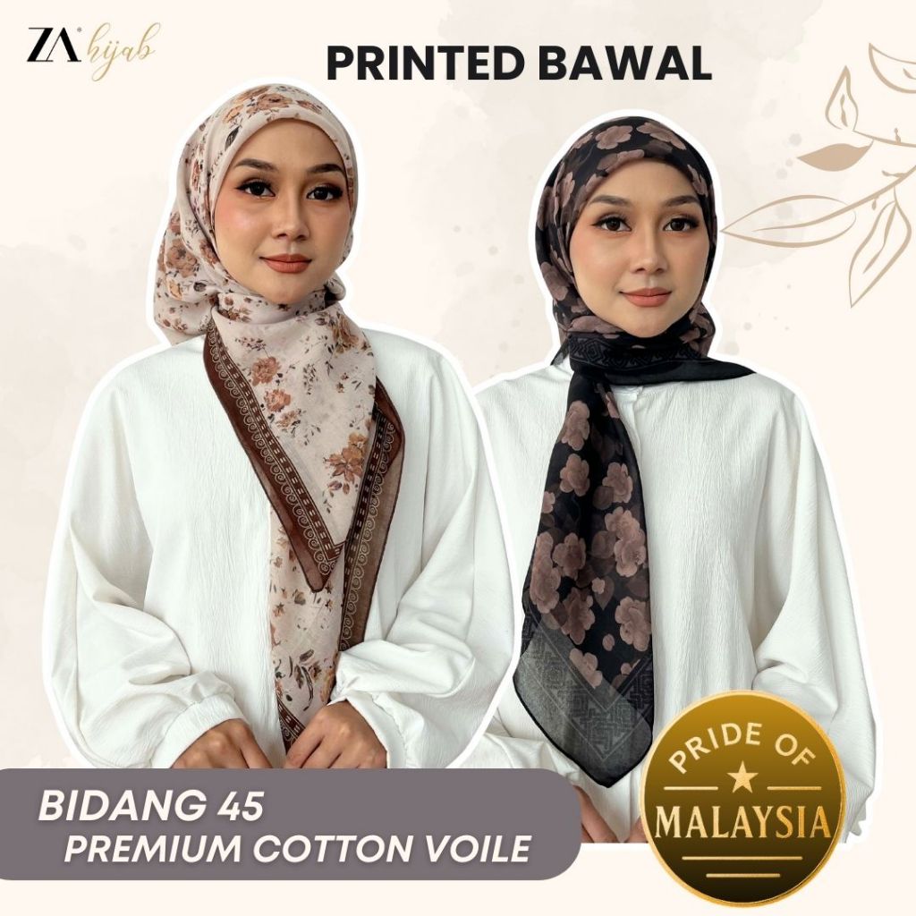 Zoe Arisah BIDANG 45 PRINTED TUDUNG BAWAL SCARF Cotton Voile Hijab Bercorak Muslimah Zoe Arissa 2025 Collection Terbaru