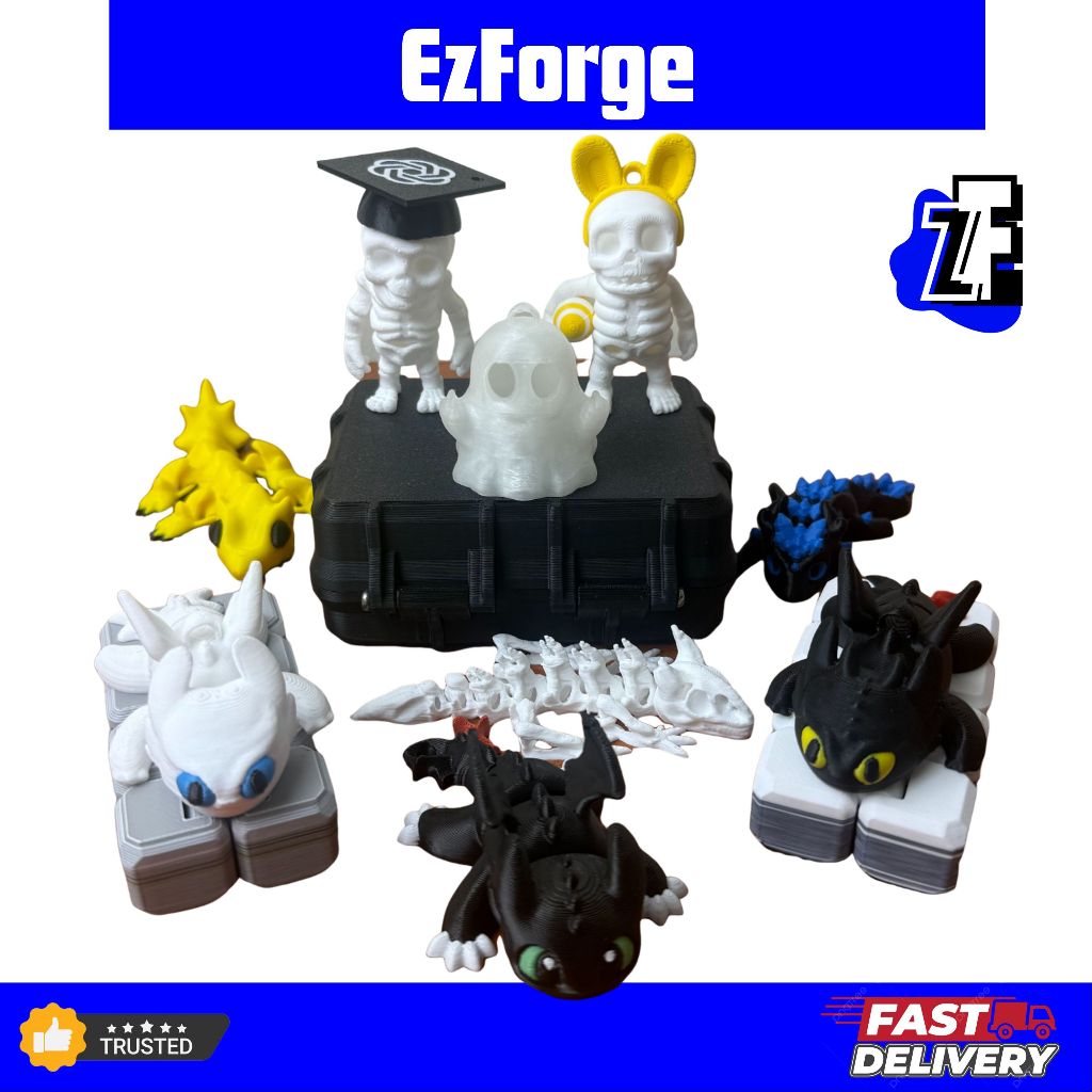EzForge FlexiComel 3D, 3D DRAGON KEYCHAIN, RANTAI KUNCI 3D PRINTED, TOOTHLESS DRAGON LIZARD CHATGPT SKULL SKELETON GHOST