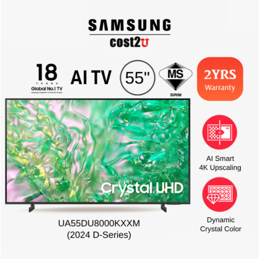 Samsung (43/55") DU8000 D8000F U8000H 4K Dynamic Crystal UHD Smart AI TV | UA55DU8000KXXM UA43U8000FKXXM Television 电视机