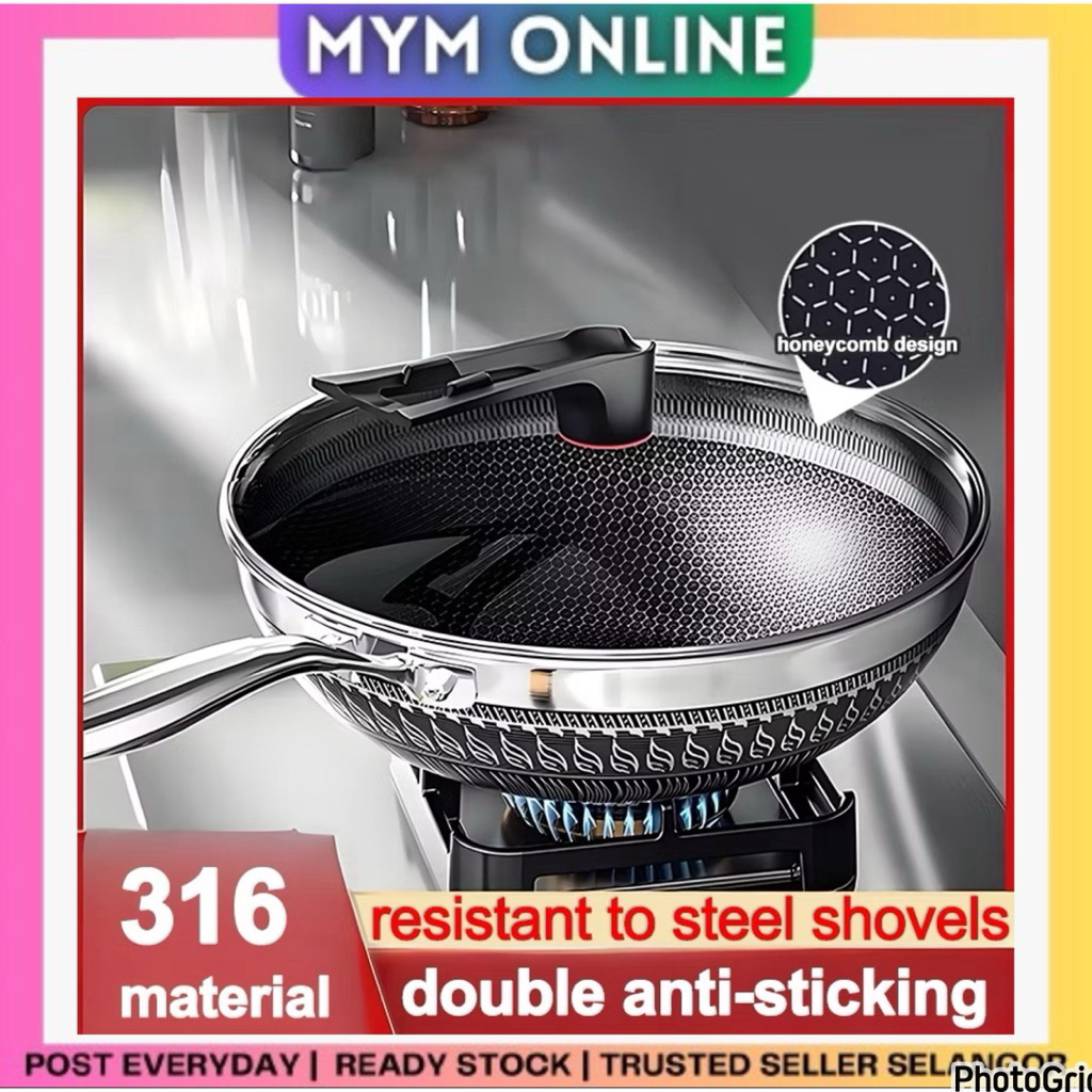?High Quality? 316 Stainless steel Iron Wok Household iron pot uncoated non-stick frying panCooking Pan 32cm/34cm KC438