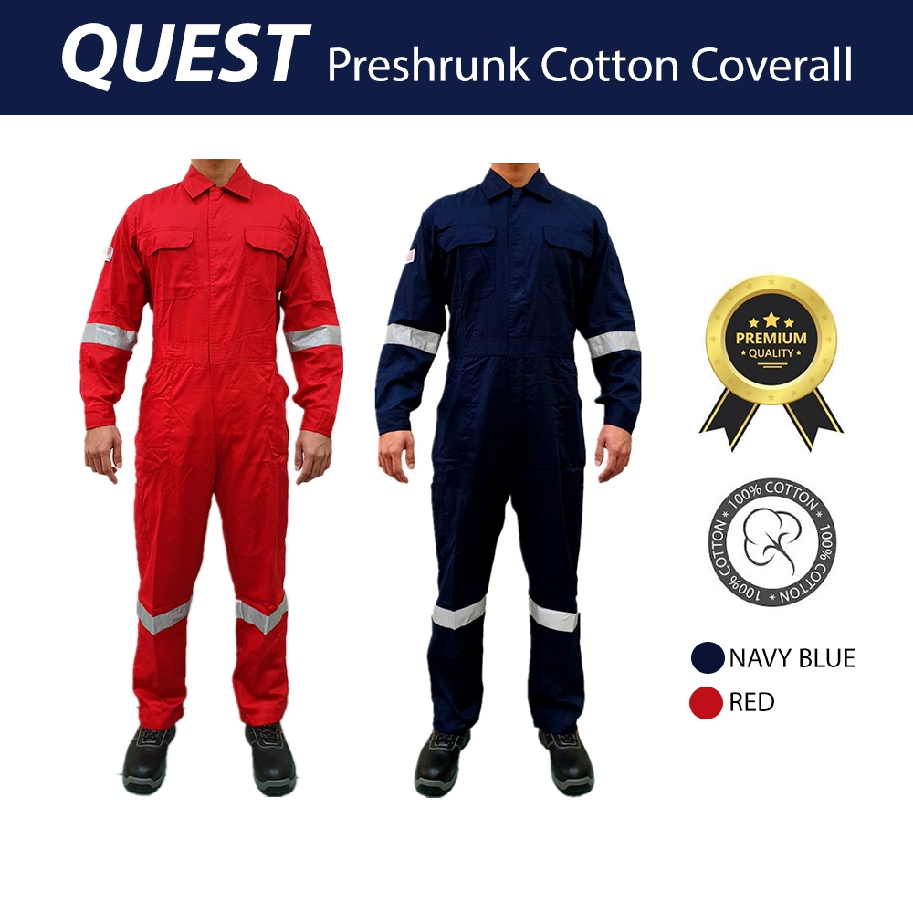 QUEST (Red / Navy Blue) Preshrunk Cotton Safety Coverall with Hi Vis Reflective Workwear Overall Keselamatan 全套工作服
