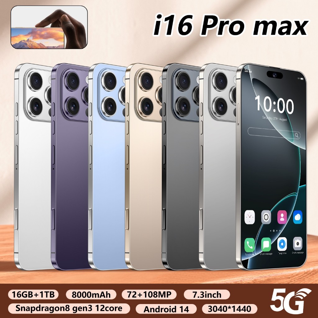 I16 Pro Max Smartphone 16GB+1TB 7.3inch 8000mAh Cellphone HD Camera Recorder Android Phone