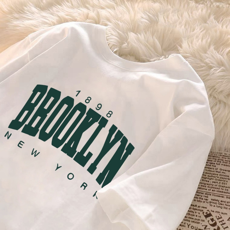 kumikumi Korean-style vintage Brooklyn letter print loose black round-neck women's T-shirt