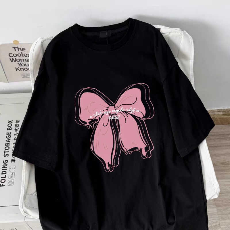 Amerika style women clothing | Oversized Crew Neck T-shirt 100% cotton | bow print  stylish casual tops y2k