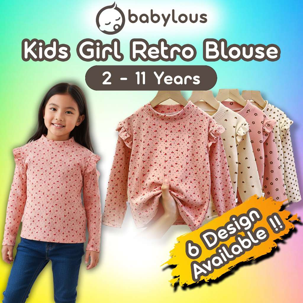 Baju Budak Perempuan Lengan Panjang Retro Style Kids Girl Long Sleeve Blouse Girls Outing Fashion Clothing Babylous
