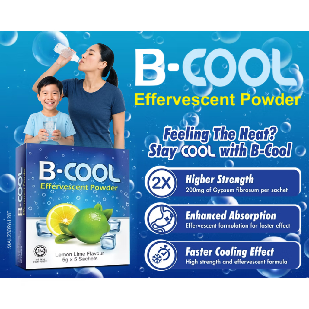 B-COOL Effervescent Powder 5g x 5 Sachets｜Cooling Water On-The-Go｜Relieves Body Heat, Sore Throat, Fever & Mouth Ulcer