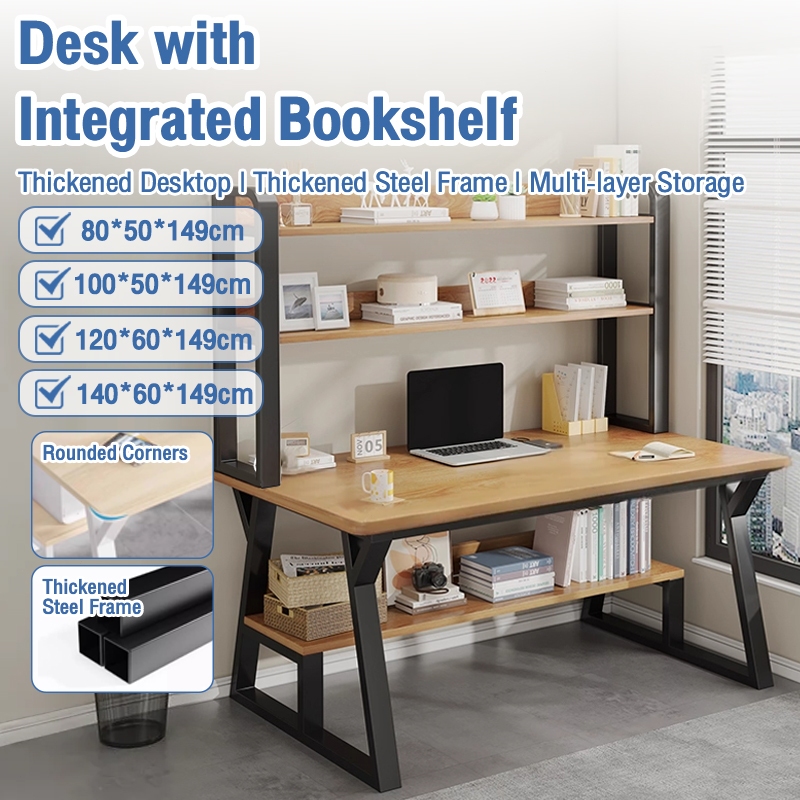 Double Layer Office Desk Computer Table With Book Shelf Office Computer Desk Writing Study Desk 学习桌 Meja Belajar