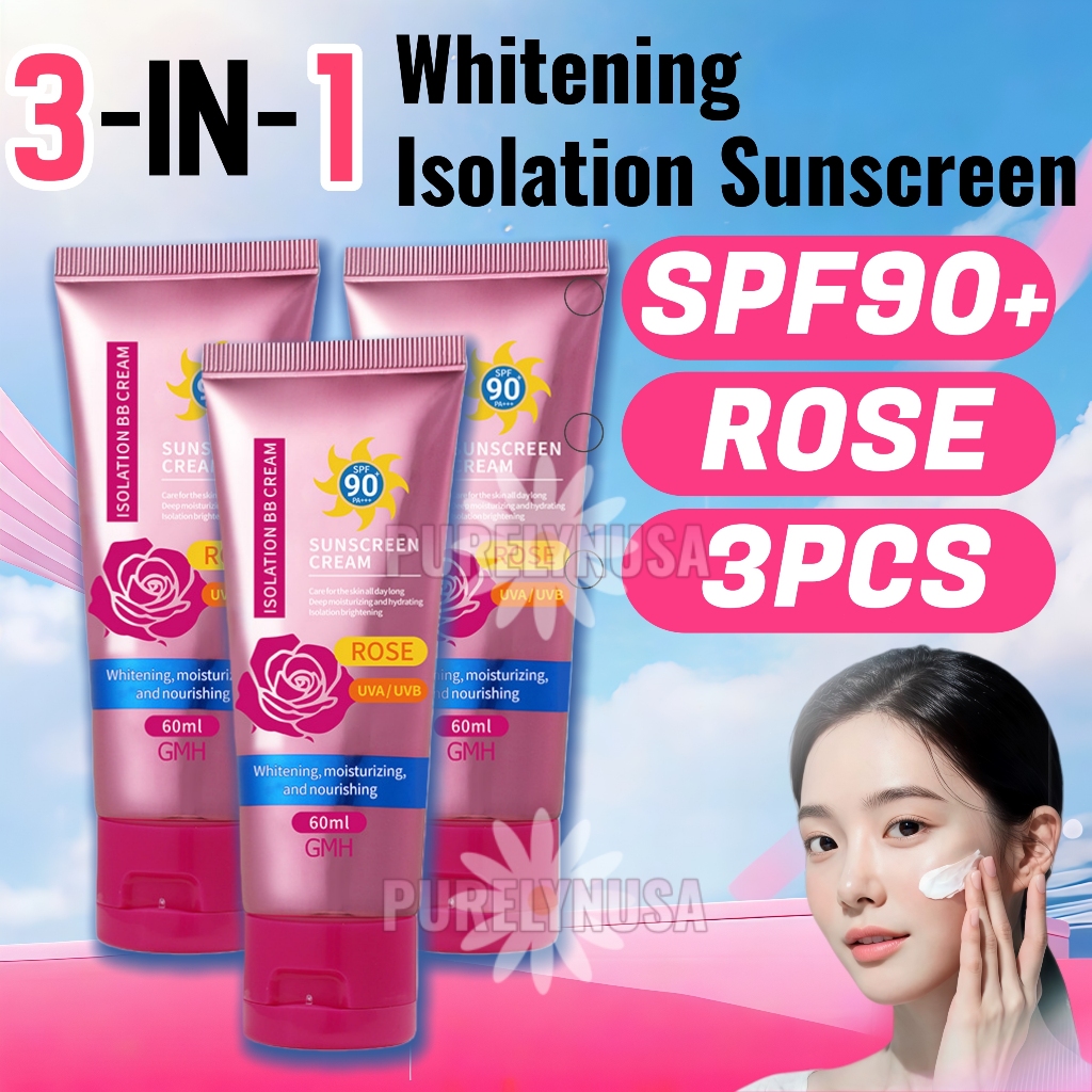 3-IN-1 Rose PrimerSunscreen Whitening Cream SPF90+++ 60ML Face & Body High Protection UV Sunblock
