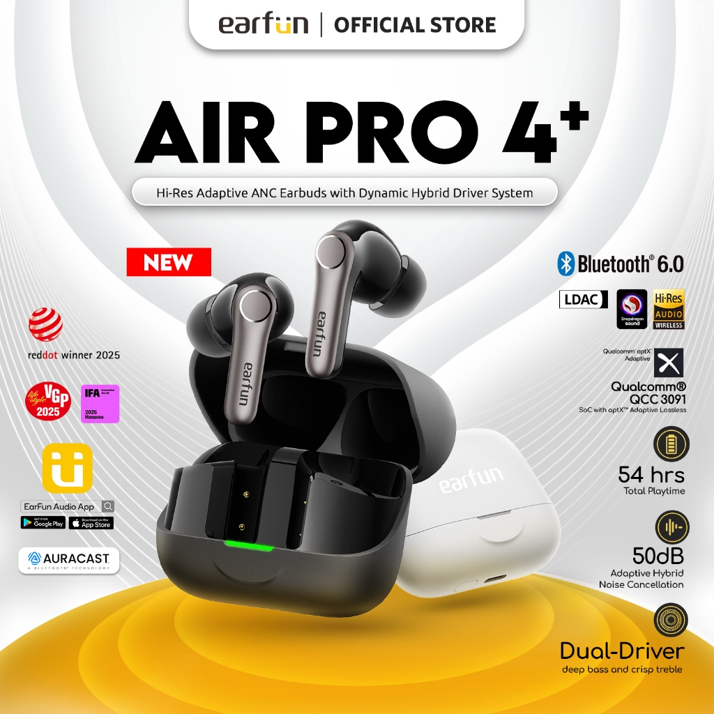 EarFun Air Pro 4+ Adaptive Noise Cancelling Bluetooth 6.0 Wireless Earbuds with Hi-Res LDAC Audio
