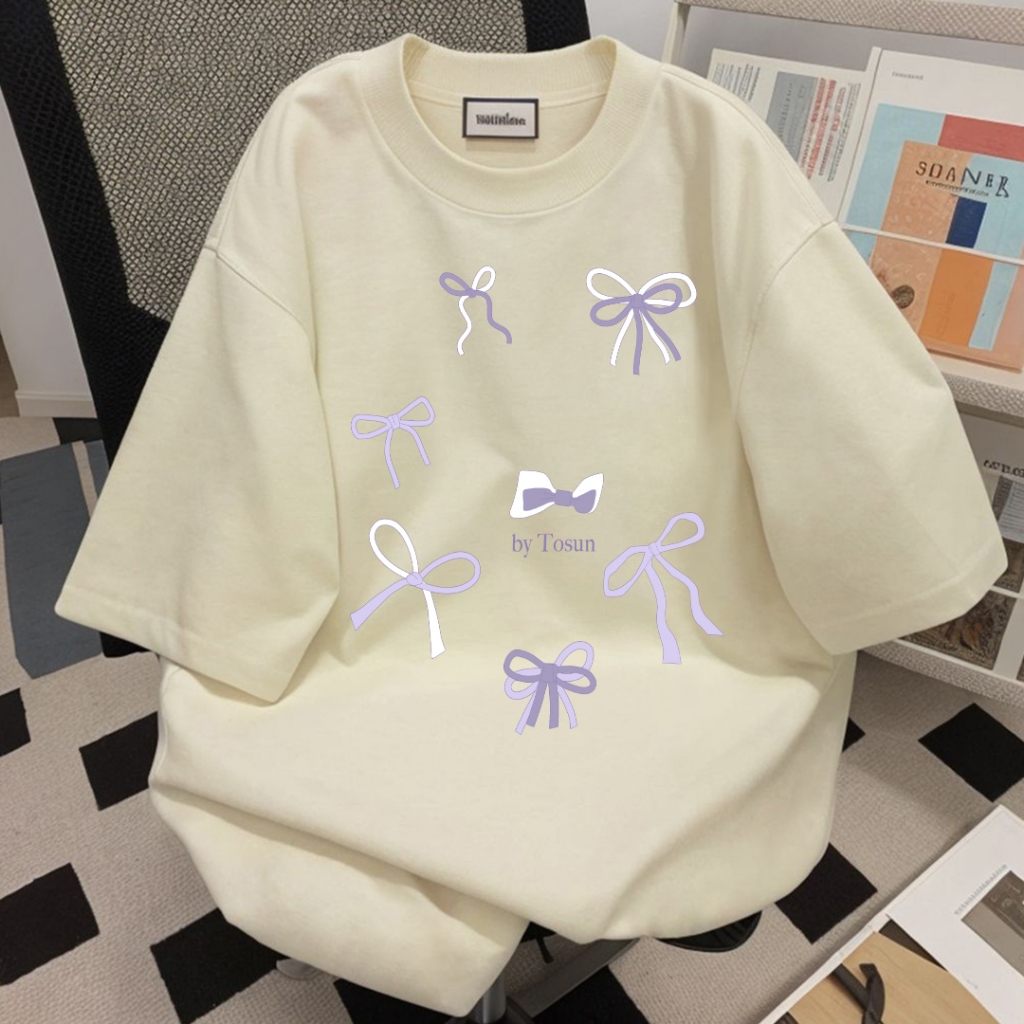 SOSO Korean Retro Purple Bowknot Print Oversized Casual Loose T-Shirt for Women Top