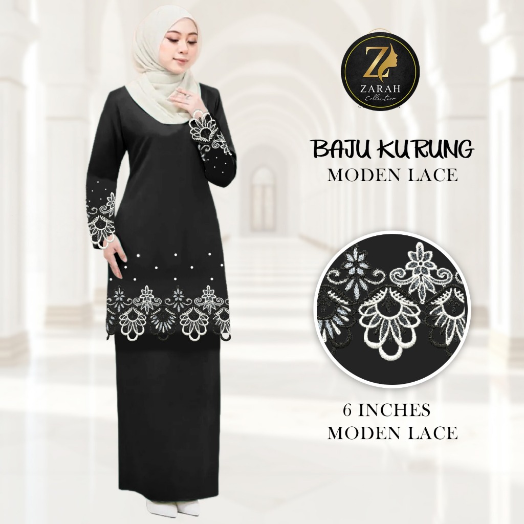 High Quality Baju Kurung Zalia Black And White Lace With batu New arrival