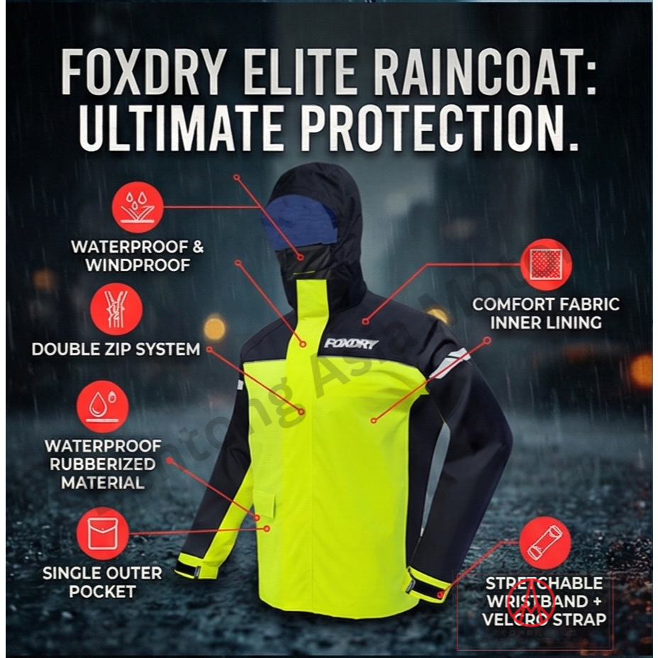 [100% ORI FOXDRY]FOXDRY ELITE 08 Premium Raincoat Baju Hujan Windbreaker Rainsuit Motorcycle Waterproof Jacket Kalis Air