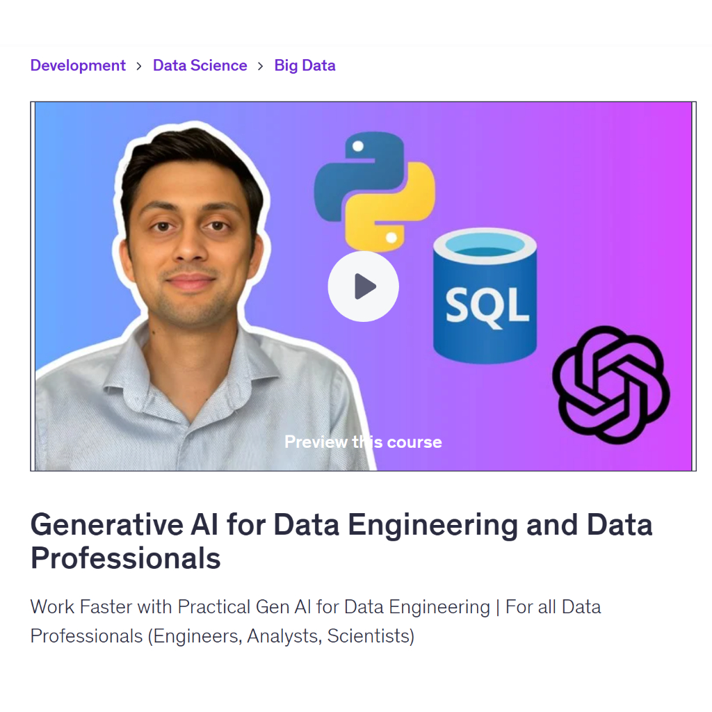 Data Engineer Video Course-Generative AI for Data Engineering and Data Professionals | Data Engineer Video Lessons