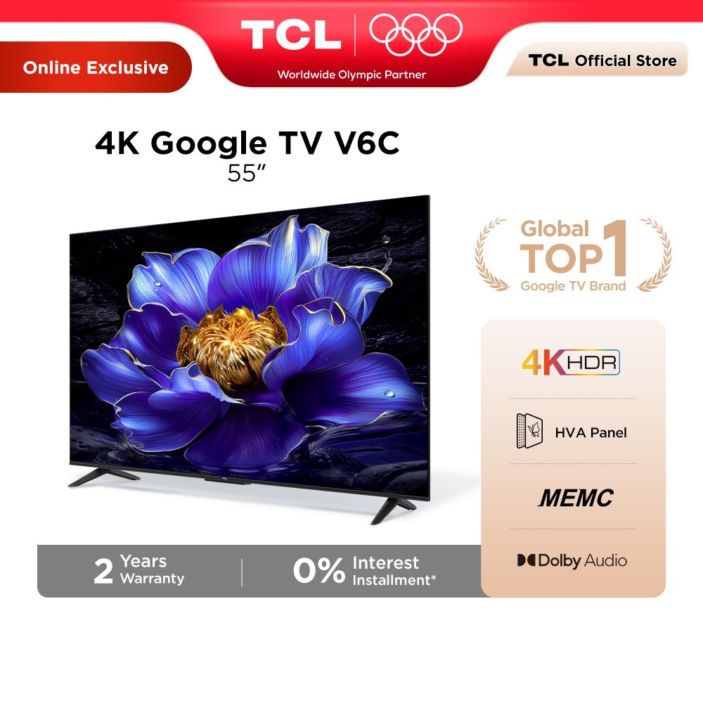 TCL 55 Inch 4K Google TV with HDR 10, Dynamic Color Enhancement, MEMC, HVA Panel, Dolby Audio Televisyen 55V6C