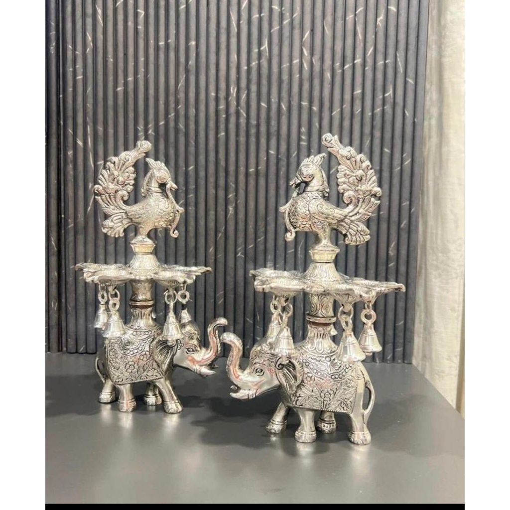 German Silver Elephant Peacock Diya Kuthu Vilakku oil lamp
