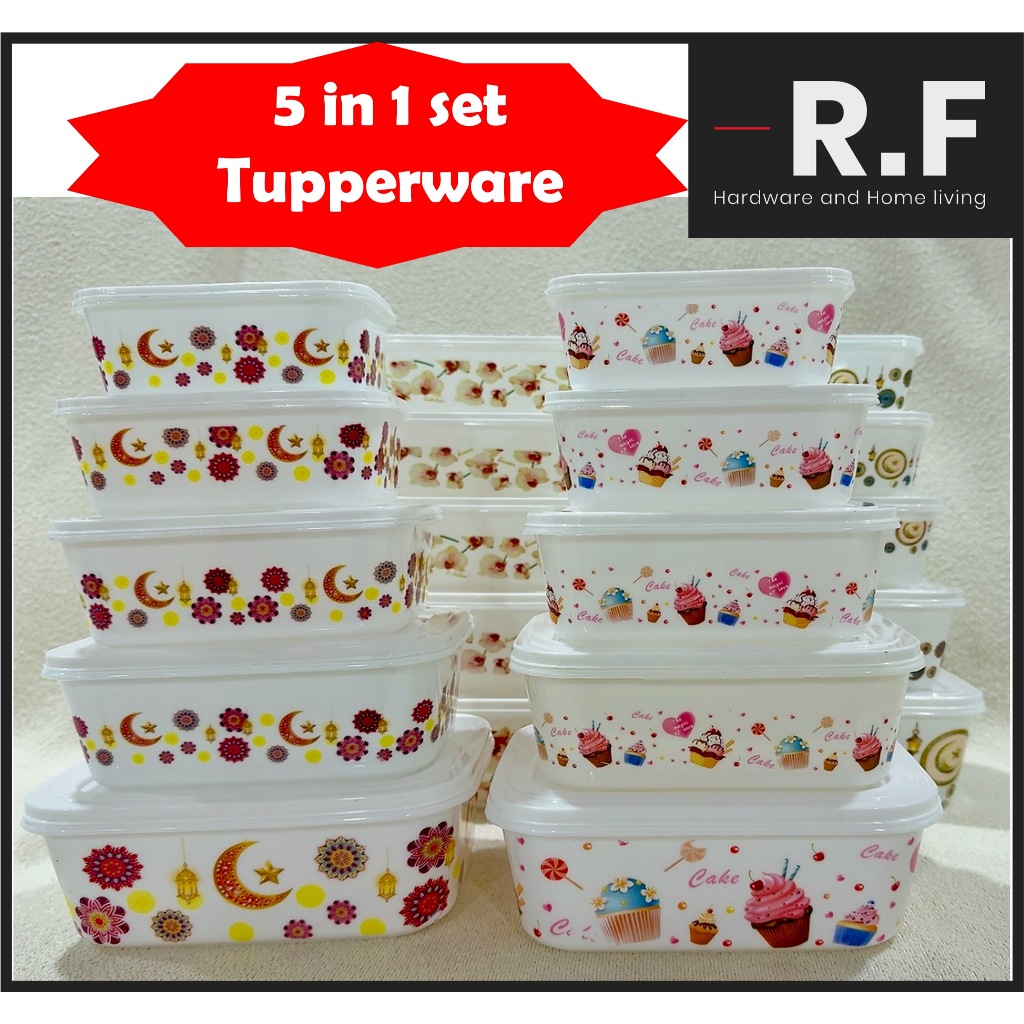 5 in 1 Set Floral Flower Print Food Container With Lids Tupperware Kitchenware Utensils Bekas Makanan Gift Hadiah Set