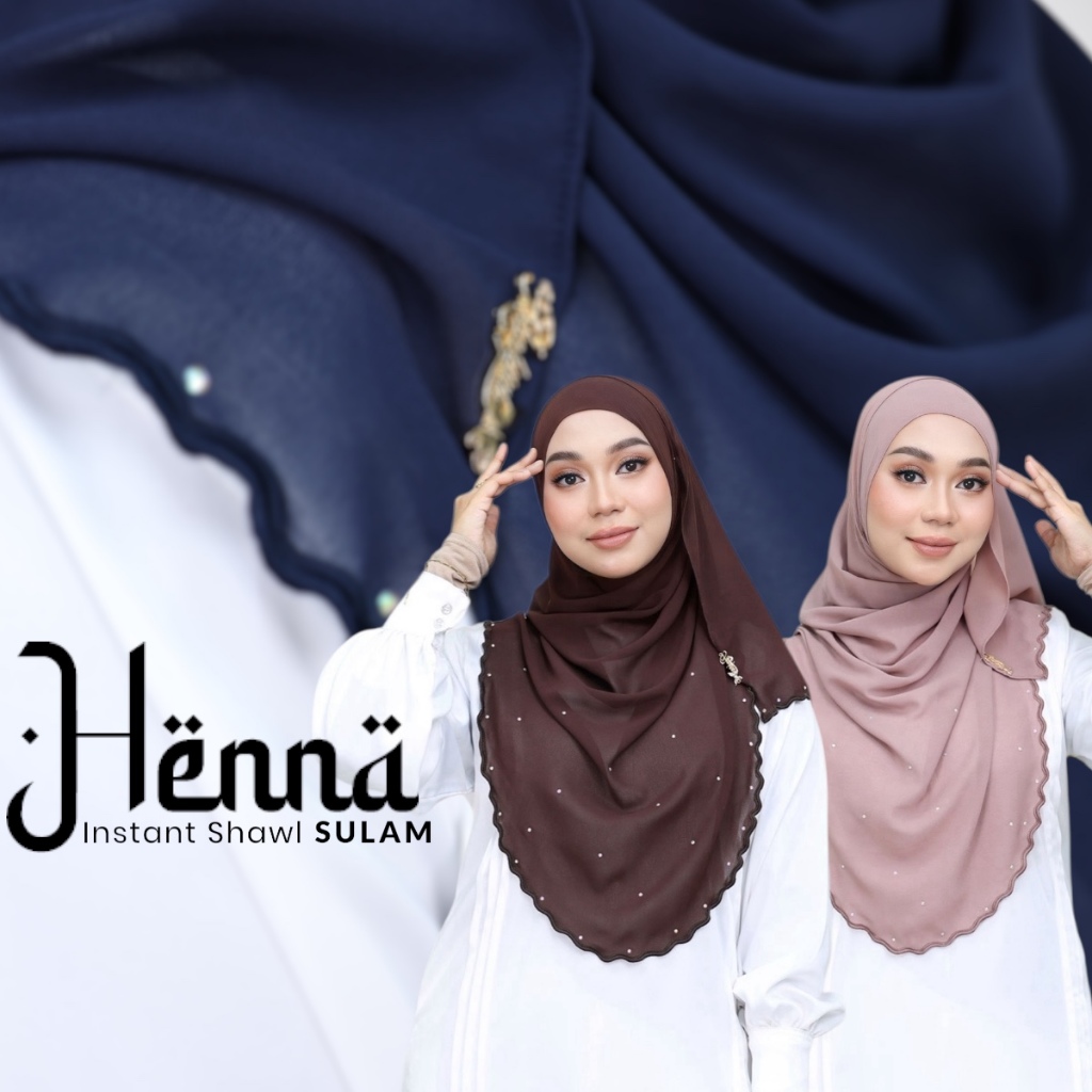 HENNA INSTANT SHAWL SULAM MATERIAL CHIFFON METAL TAG DIHIASI BATU DIAMOND