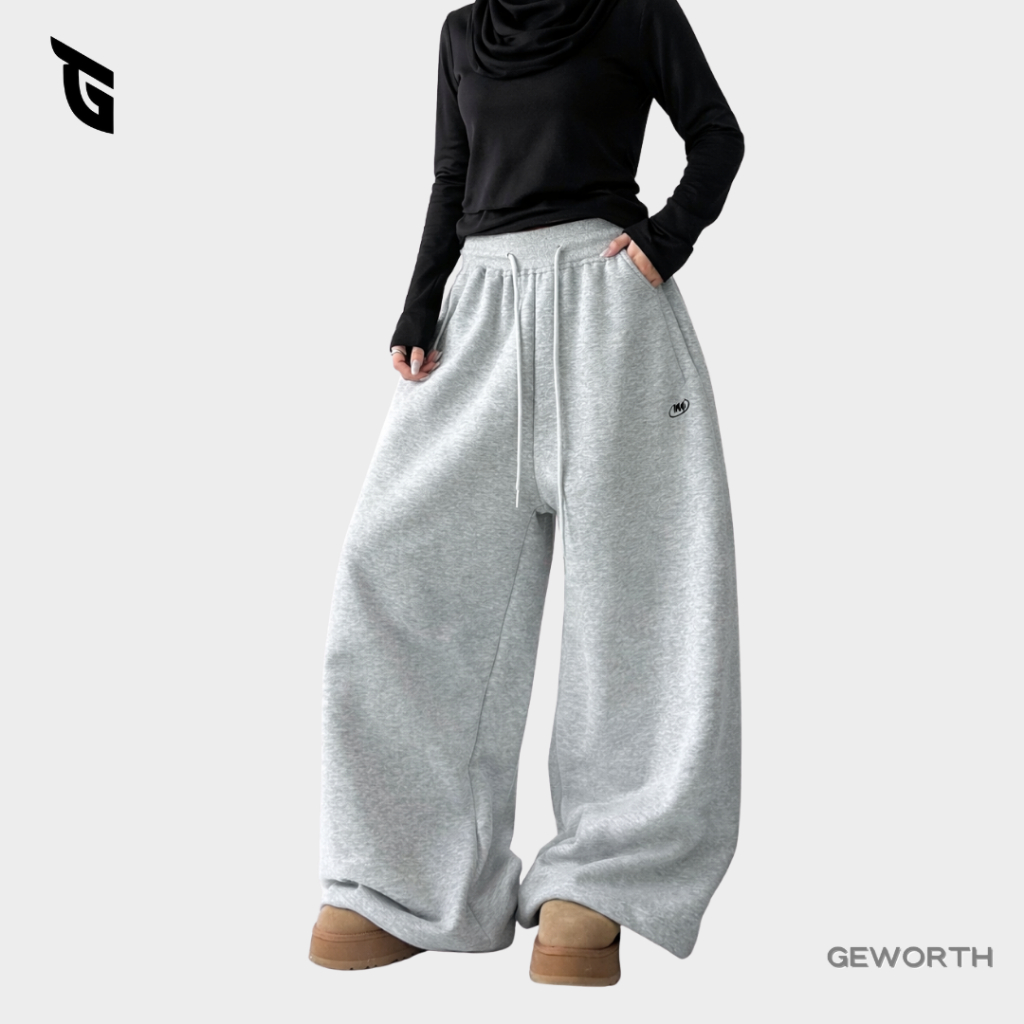 GEWORTH Seluar Peluh Kaki Lebar Gaya Vintaj Longgar Panjang Lantai Kasual Seluar Panjang Sukan Serba guna Pakaian Wanita