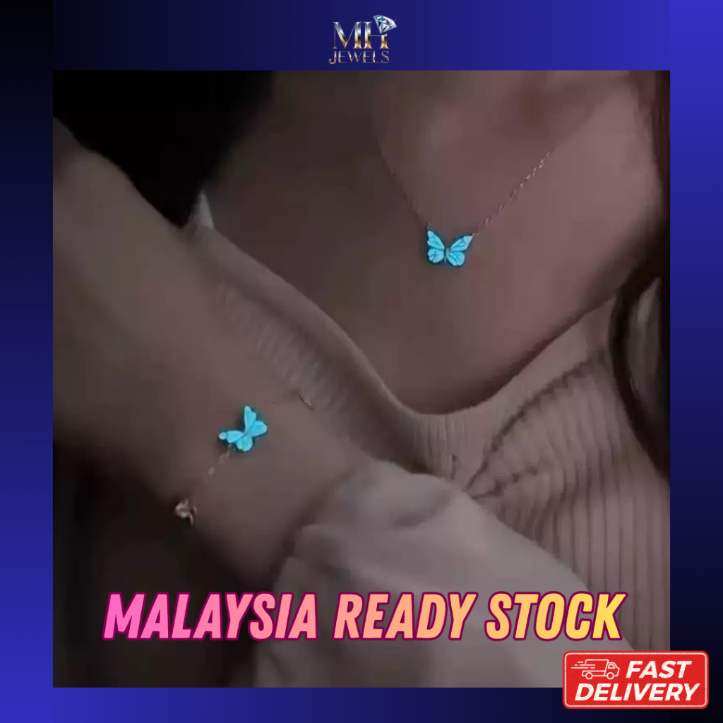 Luminous Blue Glowing Butterfly Charm Necklace Bracelet Set Women Elegant Glow In The Dark