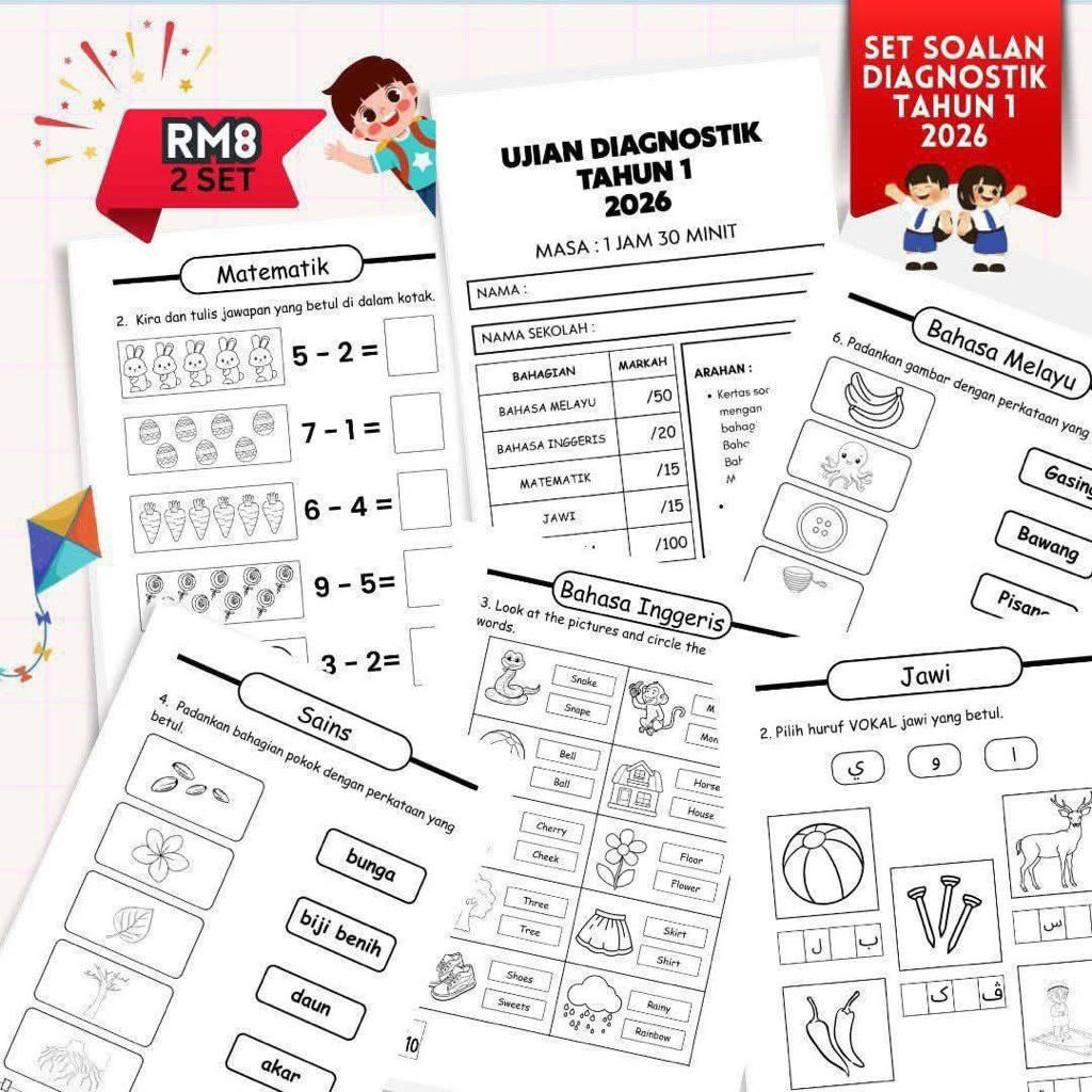[Siap Print] Set Soalan Penilaian Darjah 1 Ujian Diagnostik 38 pages Kuatkan Asas 3M Pelajar Tahun 1