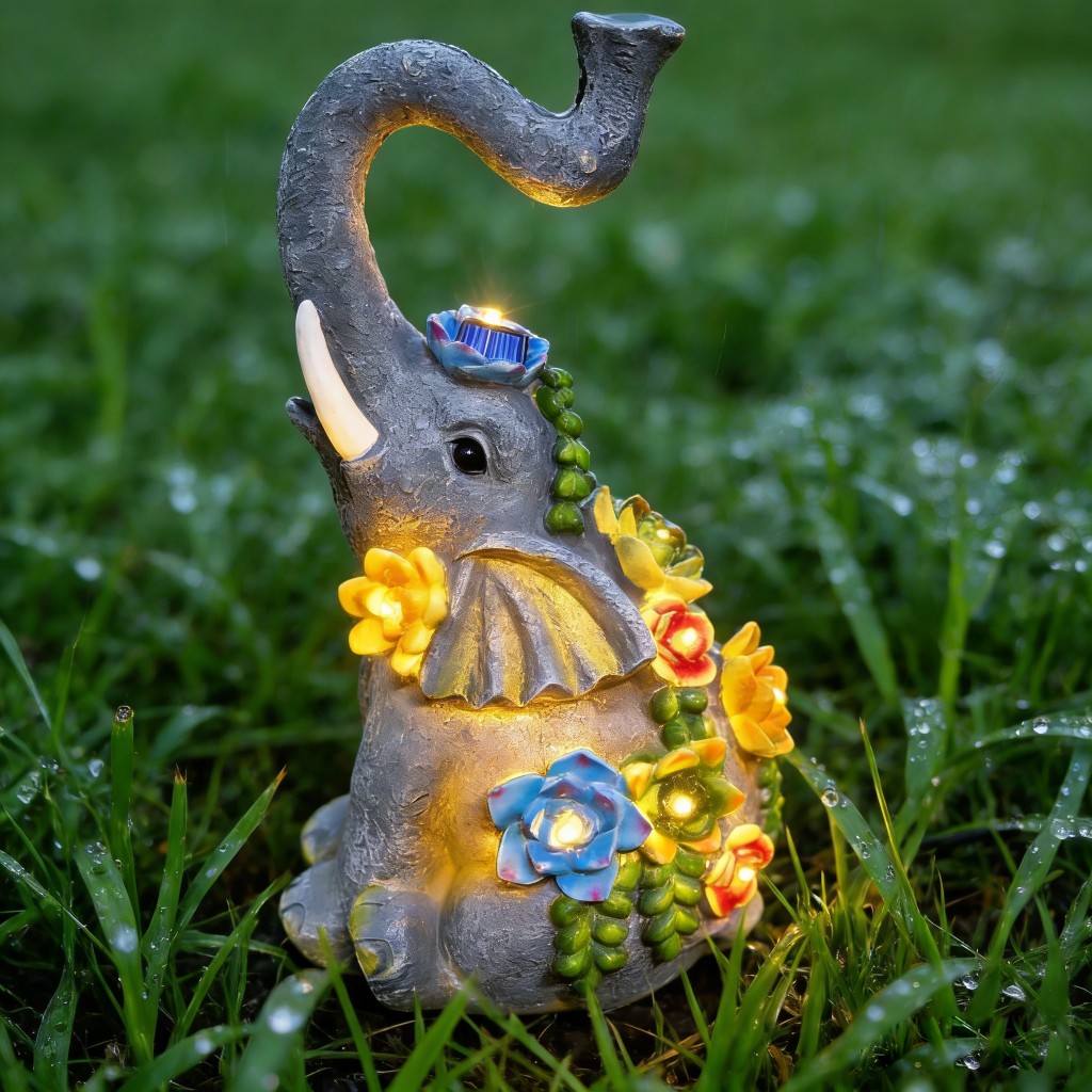 Solar Garden Decor Elephant Statues Outdoor Yard Lamp Birthday Gifts Ornament for Balcony Garden Walkway Lawn Terrace