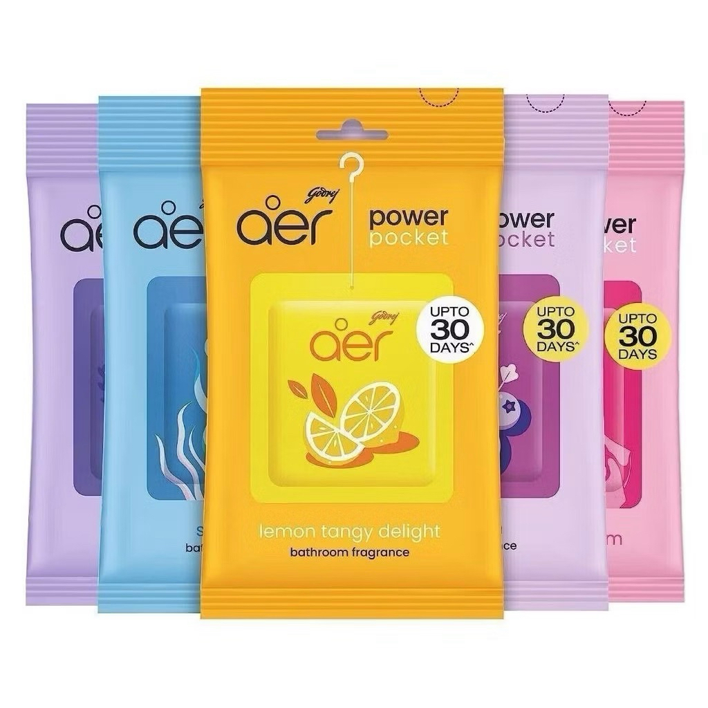Godrej Aer Power Pocket Bathroom Air Freshener with 4-Week Long-Lasting Fragrance 10g 6 Sachets - Lemon,Berry,Lavender