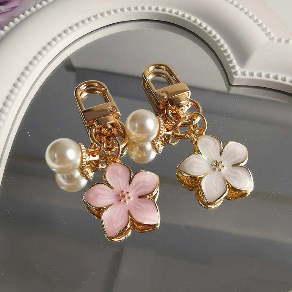 Flower Metal Enamel Keychain - Sakura pearl gold cute flowers Accessories pendant key rings bunga friend gift