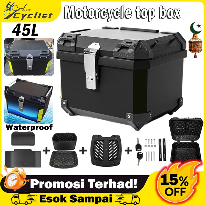 Top Box 45L Waterproof motor Top Box Motorcycle Box base plate+backrest+lining Kotak Motosikal ABS TOP BOX 后尾箱
