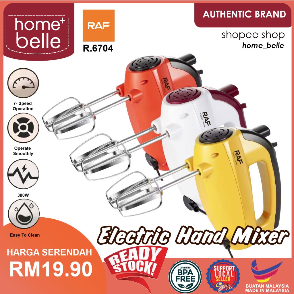 RAF R.6704 300W Hand Mixer Electric 7 Speed Baking Mixer with Beaters & Dough Hooks /  Mesin Pengadun Tepung Elektrik