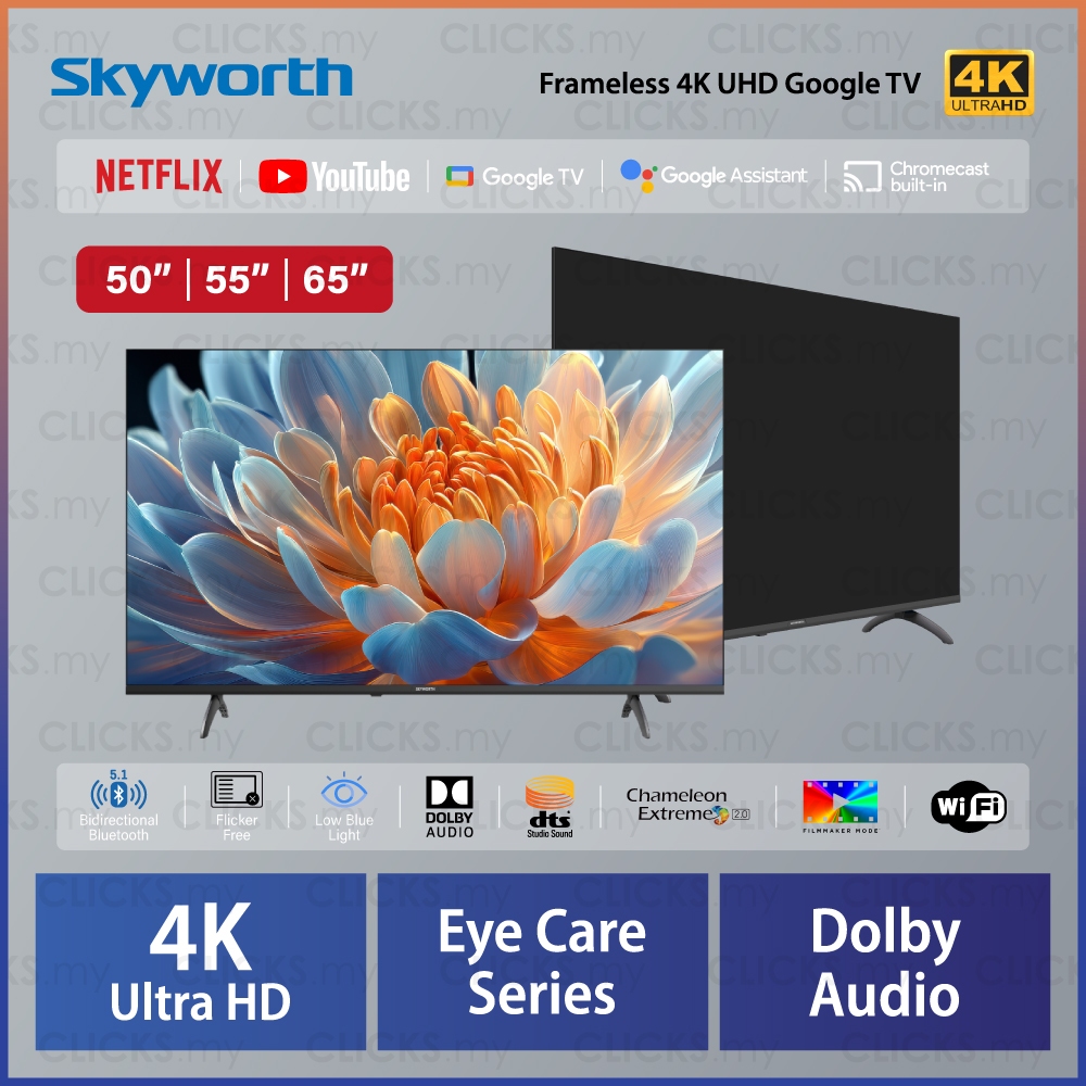 Skyworth 50" | 55" | 65" Inch SUE7950 Google TV Eye Care UHD 4K LED YouTube Netflix