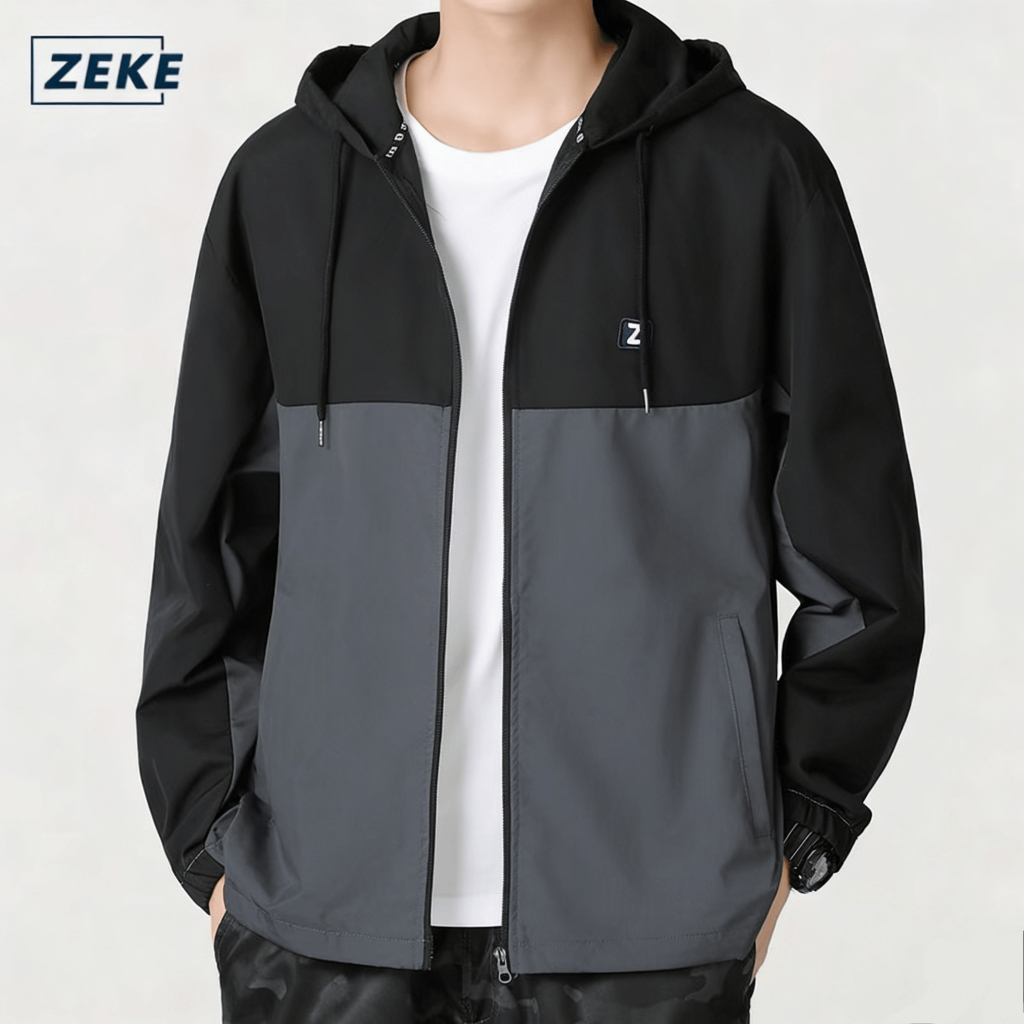 ZEKE C0047 Men's Waterproof Hooded Jacket Embroidered Logo Raglan Sleeve Tops Lelaki Lengan Panjang