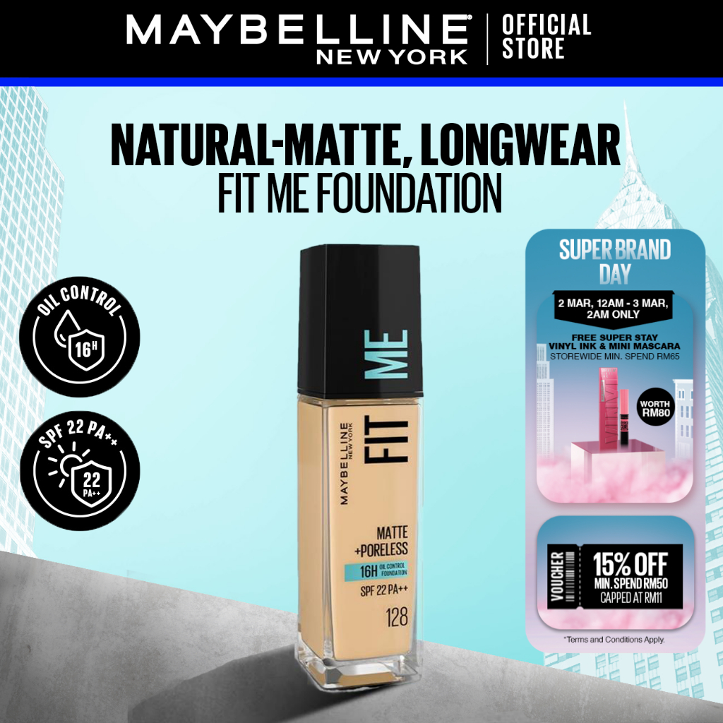 Maybelline Fit Me Matte + Poreless Liquid Foundation - SPF 22, 30ML, 16H Longwear Foundation, Blurs Pores, Oil-Free