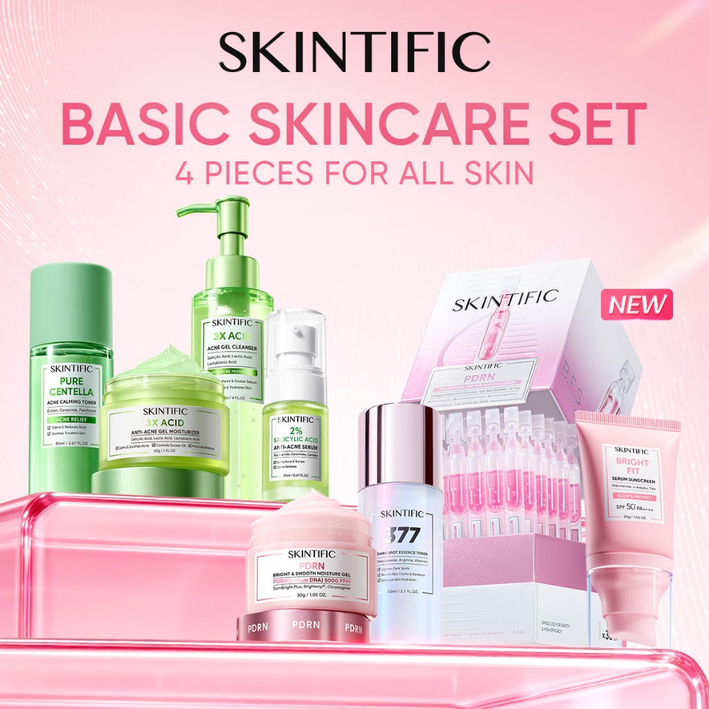 SKINTIFIC Skincare 4pcs Paket Set With Serum Low pH Cleanser Light Spot Repair Morning & Night Routine