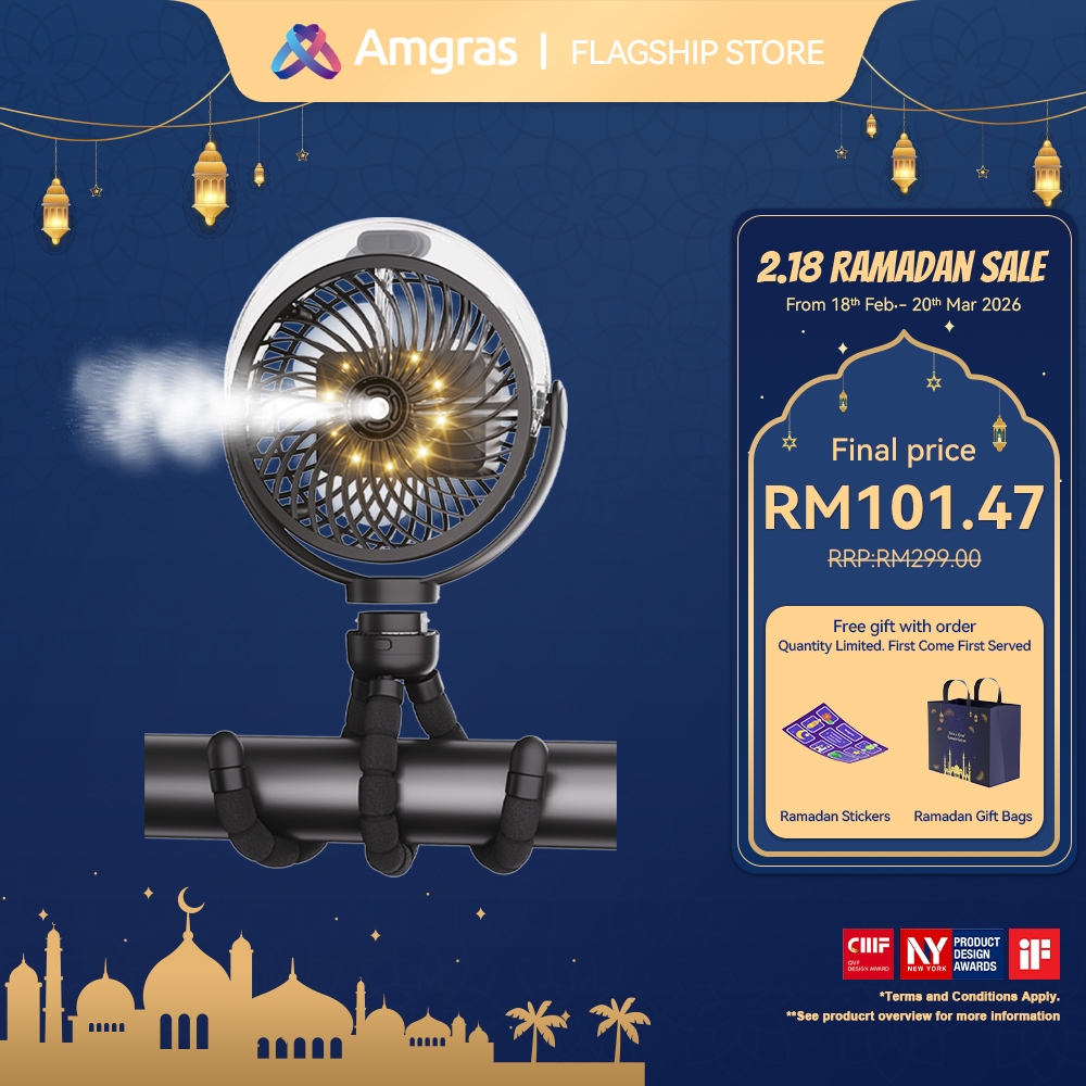 Amgras Stroller Baby Portable Mini Fan Rechargeable 9 Leds/Ultra Quiet/Flexible Tripod/55 Hours (6000mAh)