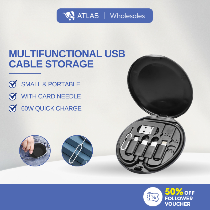 ATLAS【Black】Multifunctional Cable Usb-A-B-C/Usb 60Wpd Fast Charging Phone Holder Charging Cable Travel Storage Box