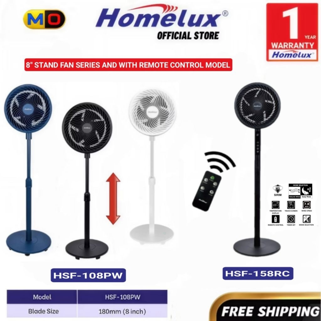 Homelux 8'' Jet Air 2 in 1 Stand Fan / Table Fan / Living Fan / 8'' Fan Blade (Grey) | HSF-108PW  Kipas Angin 風扇家用