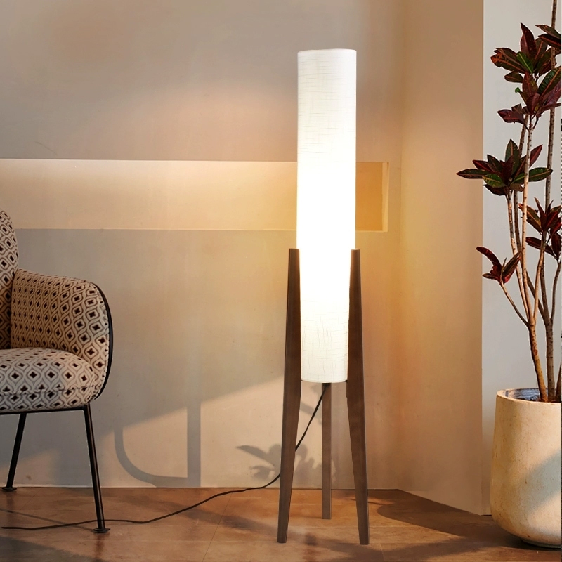 Three Legged Walnut Floor Lamp Minimalist Standing Lamp with Linen Lampshade, Modern Wood Tripod Light for Living Room