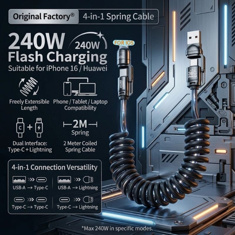 240W Fast Charging Data Cable 4 in 1 Sprint Retractable 2m Compatible With Phones Tablets and Laptops Car Play